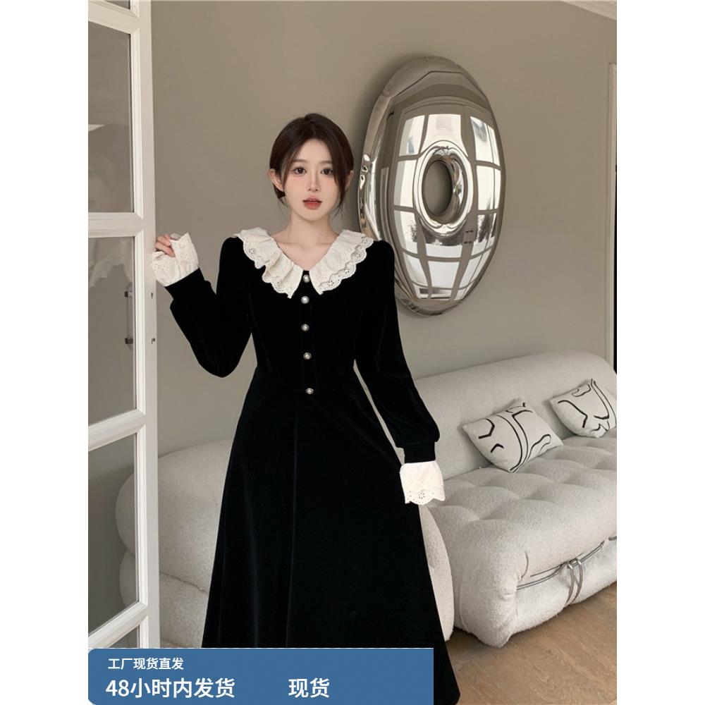 大码法式赫本风收腰娃娃领连衣裙女装胖mm秋季高级感礼服丝绒裙子