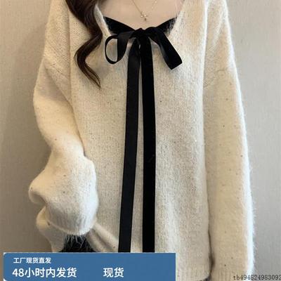 慵懒风宽松蝴蝶结马海毛毛衣女秋冬大码胖mm宽松中长款针织衫上衣