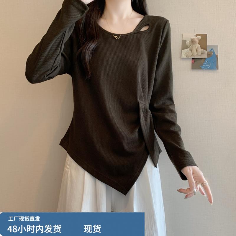 大码女装胖MM早秋绝美巨好看的小上衣韩系不规则下摆甜辣风t恤女