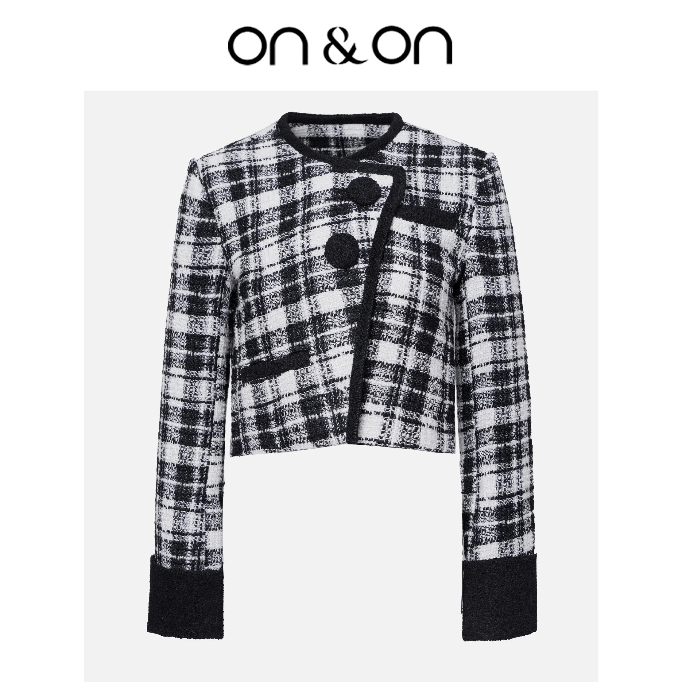 ON＆ON/安乃安2026春季新款设计感小香风摩登黑白格编织短外套女,女装/女士精品,短外套,淘宝优惠券,粉丝福利购,淘宝优惠卷