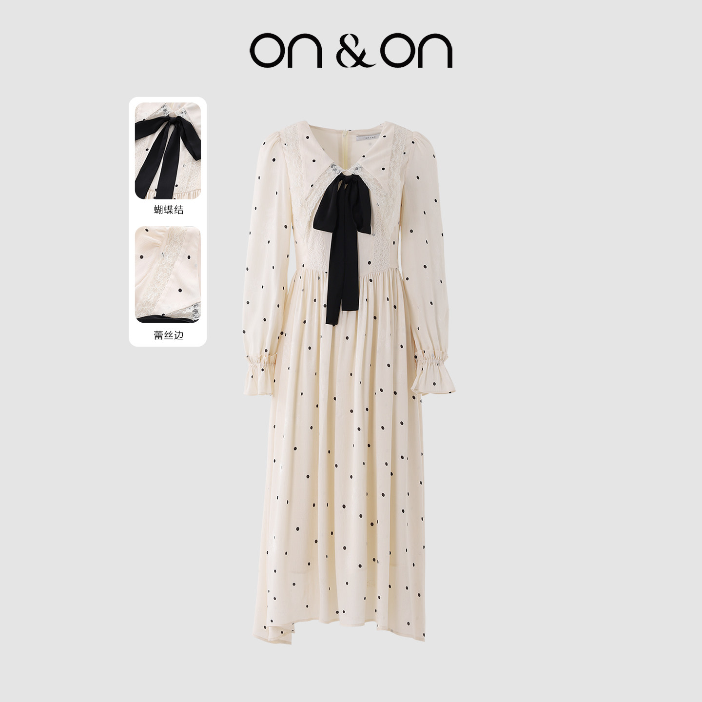 ON＆ON/安乃安2026春季新款韩系蝴蝶结系带减龄甜美波点连衣