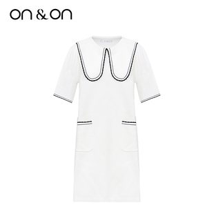 时尚 新款 气质大翻领撞色简约针织连衣裙女 安乃安2025秋季 ON＆ON