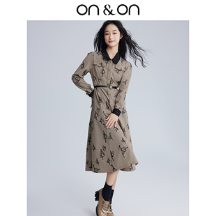 咖色格纹植绒收腰圆舞曲设计连衣裙 琥珀复古风 ON＆ON 安乃安