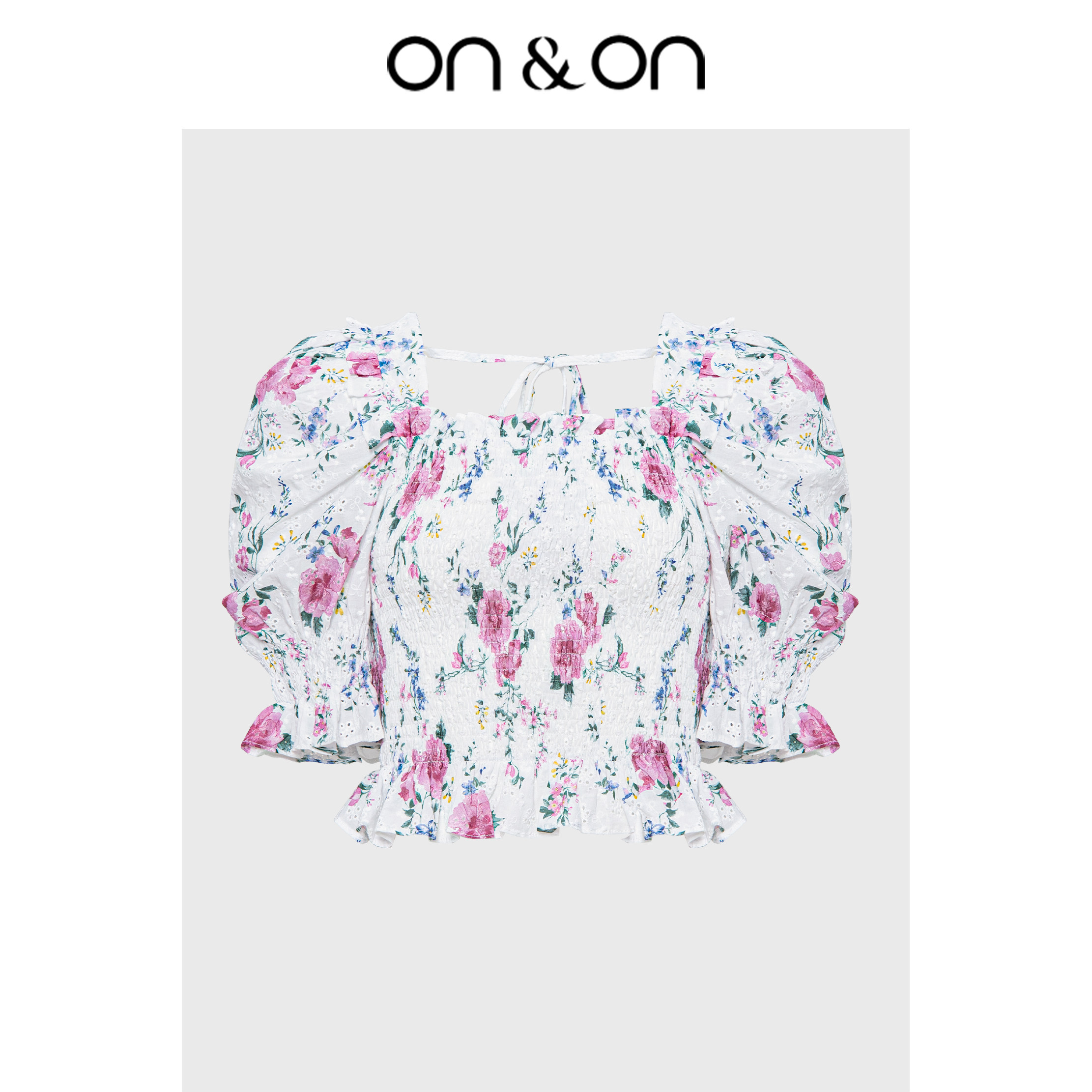 ON＆ON/安乃安夏季新款甜美方领褶皱刺绣印花泡泡袖上衣