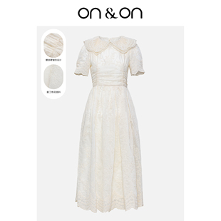 法式 新款 复古风潮优雅温柔收腰褶皱绣花连衣裙 安乃安秋季 ON＆ON