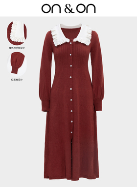 ON＆ON/安乃安2026春款复古荷叶翻领收腰修身显瘦针织茶歇连衣裙