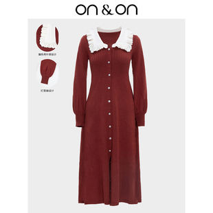 显瘦针织茶歇连衣裙 复古荷叶翻领收腰修身 ON＆ON 安乃安2025冬季