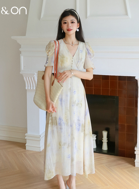 ON＆ON/安乃安2026春夏新款韩系复古V领水墨印花晕染系带连衣裙女