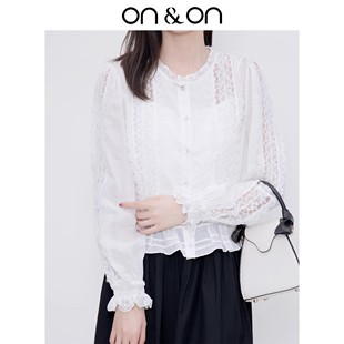 安乃安秋冬新款 衬衫 法式 长袖 宫廷蕾丝苎麻拼接通勤时尚 ON＆ON