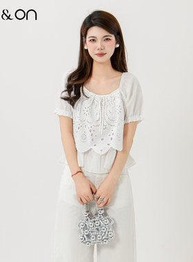 ON＆ON/安乃安2026春夏新款法式100%棉泡泡袖蝴蝶结镂空绣花小衫