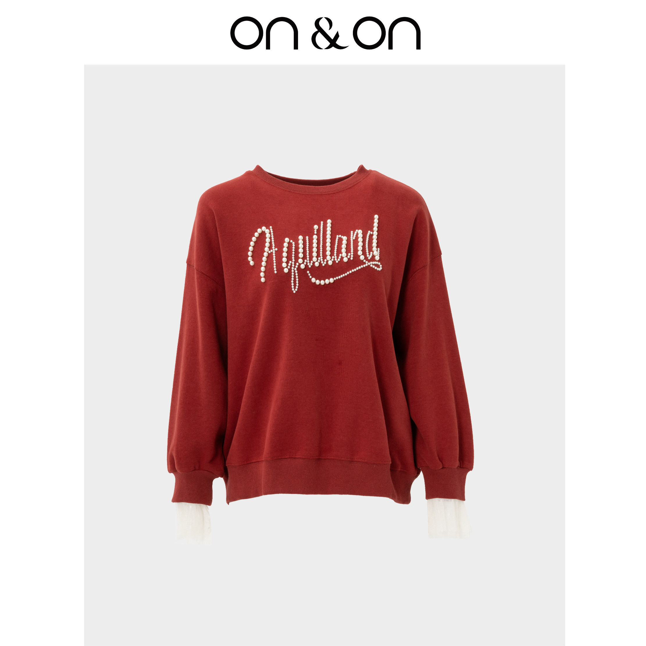 ON＆ON/安乃安2025冬季新款韩系圆领钉珠时尚蕾丝拼接袖口卫衣女,女装/女士精品,卫衣/绒衫,淘宝优惠券,粉丝福利购,淘宝优惠卷