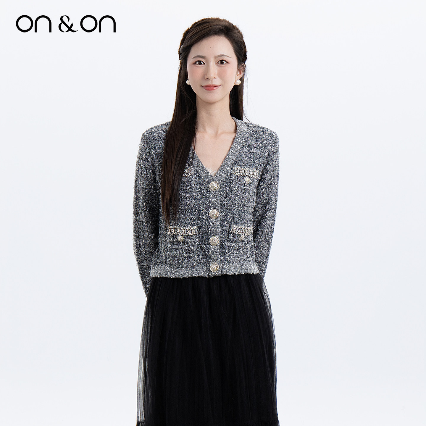 ON＆ON/安乃安2025冬季新款法式V领手工钉珠时尚排扣毛织针织开衫,女装/女士精品,毛针织衫,淘宝优惠券,粉丝福利购,淘宝优惠卷