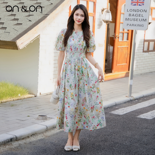 韩系圆领打揽收腰显瘦气质印花连衣裙 新款 ON＆ON 安乃安2025夏季