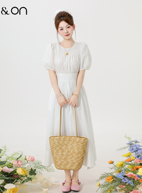 ON＆ON/安乃安2026春夏新款韩系圆领打揽收腰显瘦气质白色连衣裙