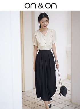 ON＆ON/安乃安2026春夏新款醋酸法式荷叶边拼接泡泡袖精致小衫女