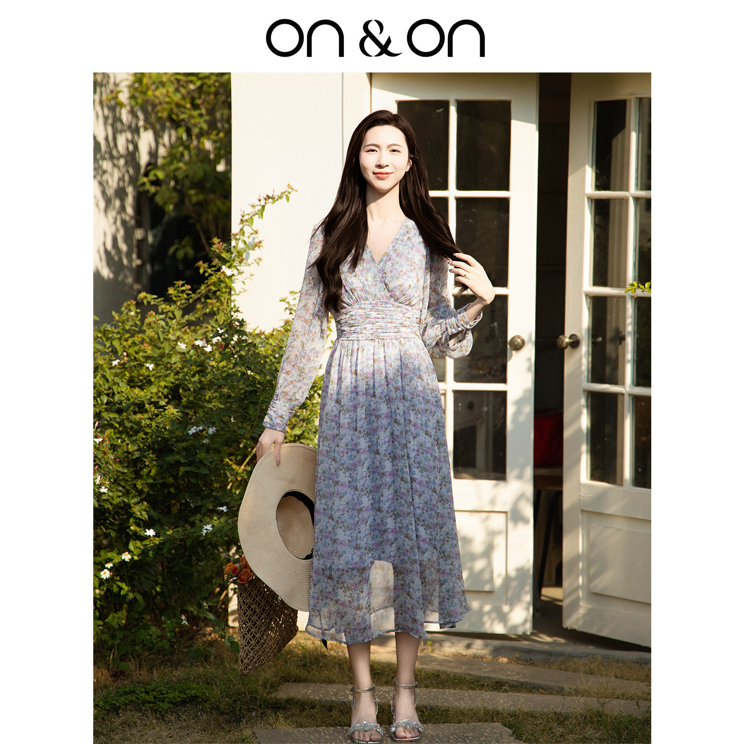 ON＆ON/安乃安2026春季新款韩系印花V领压褶收腰气质连衣裙小个子