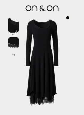 ON＆ON/安乃安2025冬季新款优雅气质假两件蕾丝羊毛针织连衣裙女