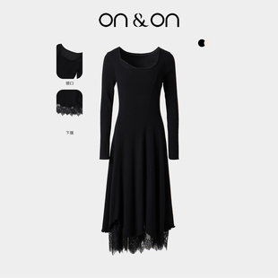 优雅气质假两件蕾丝羊毛针织连衣裙女 新款 ON＆ON 安乃安2025冬季
