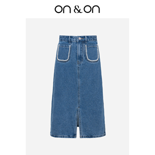 ON＆ON 重工复古钉珠显瘦休闲高腰开叉半身牛仔裙 安乃安2025秋季