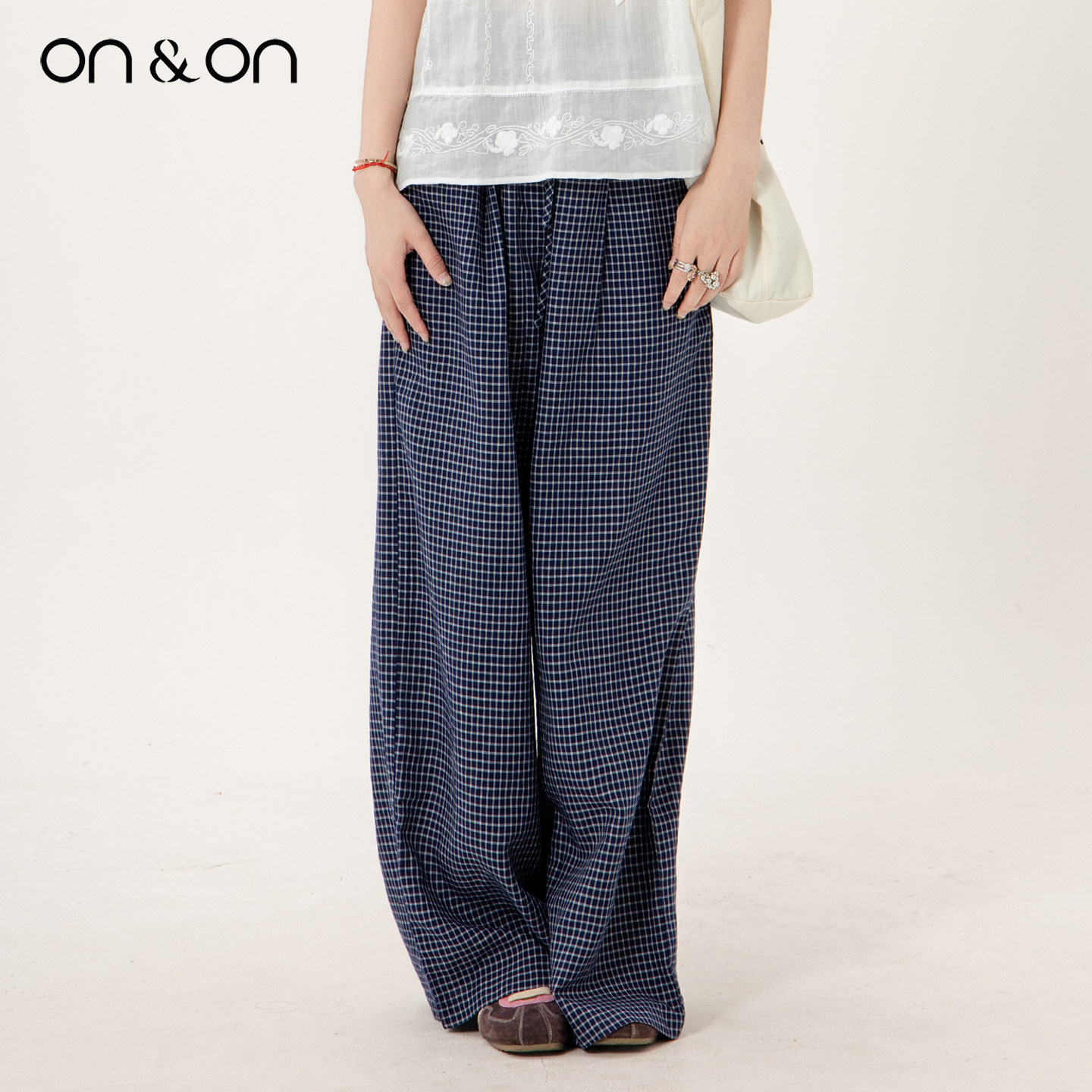 ON＆ON/安乃安2025冬季新款高腰系带松紧阔腿宽松百搭休闲格