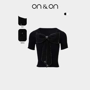 针织衫 ON＆ON 韩系V领蝴蝶结透气甜美通勤短袖 新款 安乃安2025秋季