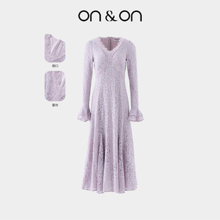 韩系V领浪漫修身 新款 保暖植绒蕾丝连衣裙女 安乃安2025冬季 ON＆ON