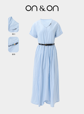 ON＆ON/安乃安2026春夏新款韩系100%棉简约纯色V领气质收腰连衣裙