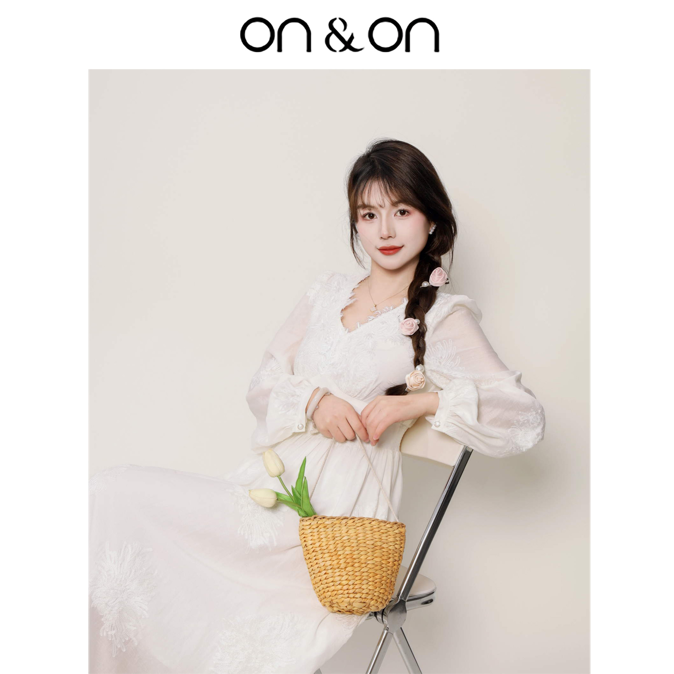 安乃安绣花蕾丝纯白色女连衣裙