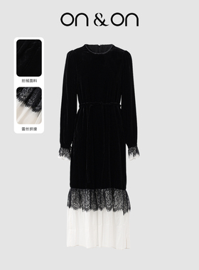ON＆ON/安乃安2026春季新款法式复古钉珠蕾丝拼接系带丝绒连衣裙