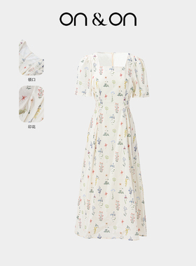 ON＆ON/安乃安2026春夏新款法式方领系带收腰印花减龄气质连衣裙