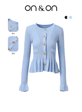 ON＆ON/安乃安2025冬季新款韩系轻奢金属扣荷叶边收腰针织开衫女
