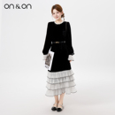 法式 新款 蕾丝拼接蛋糕裙摆丝绒赫本连衣裙 安乃安2025冬季 ON＆ON