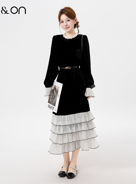 ON＆ON/安乃安2025冬季新款法式蕾丝拼接蛋糕裙摆丝绒赫本连衣裙