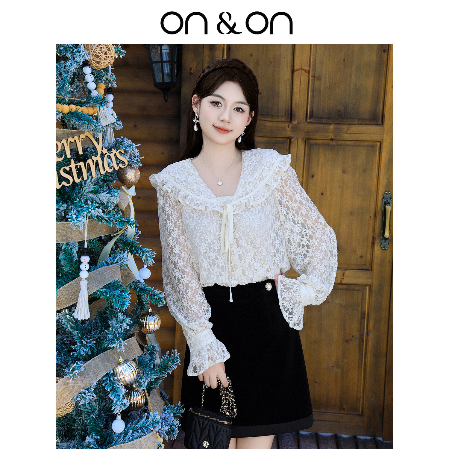 ON＆ON/安乃安2026春季新款韩系减龄海军领蝴蝶结系带蕾丝小