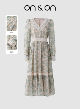 ON＆ON/安乃安2026春季新款法式复古桃领蕾丝拼接气质碎花连衣裙