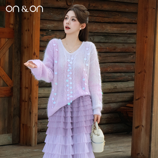 韩系时尚 新款 甜美减龄渐变编织亮片毛衣女 安乃安2025冬季 ON＆ON