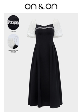 ON＆ON/安乃安新款法式方领手工钉珠黑色显瘦收腰气质连衣裙