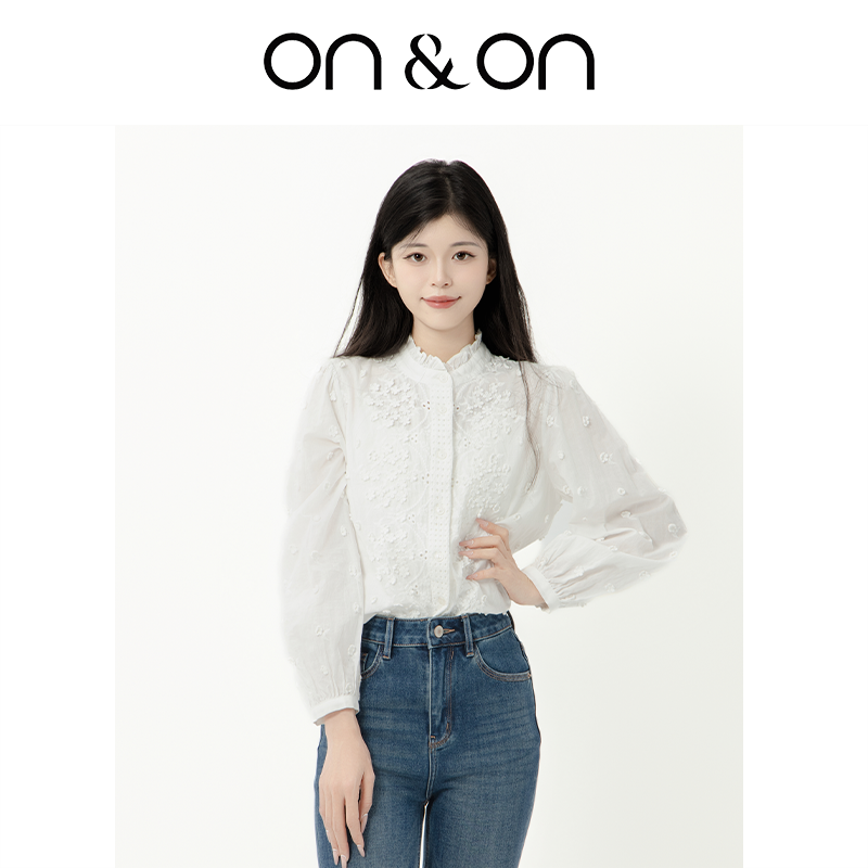 ON＆ON/安乃安2025秋季新款法式木耳边立体绣花甜美宽松长袖