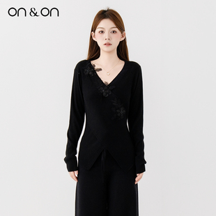 韩系V领手工订花交叉收腰显瘦针织小衫 新款 安乃安2025冬季 ON＆ON