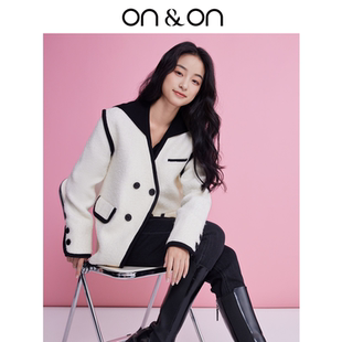 高端羊毛混纺撞色廓形毛呢中长款 新款 女大衣 安乃安冬季 ON＆ON