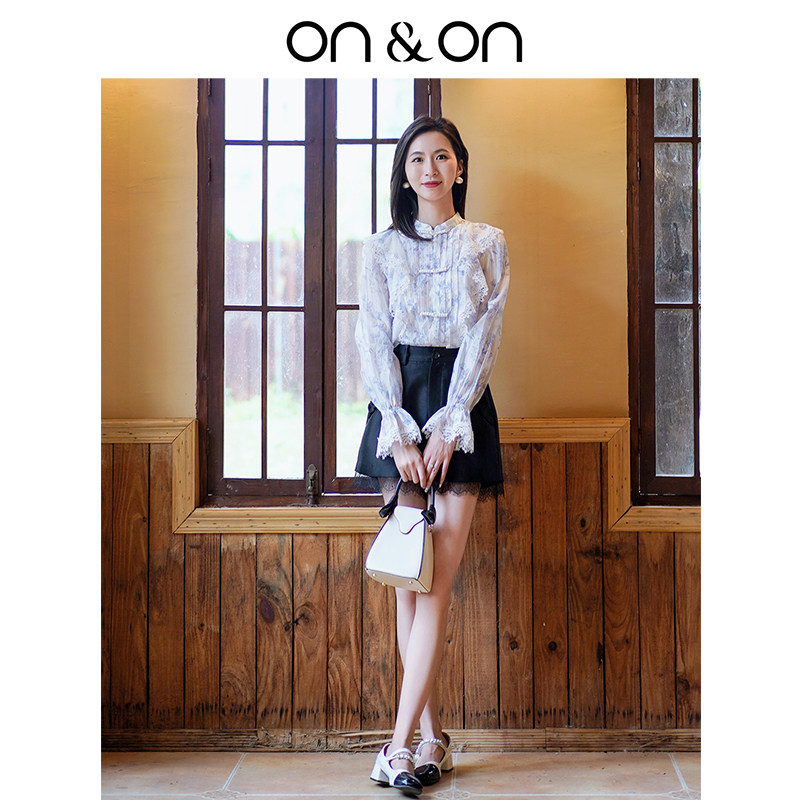 ON＆ON/安乃安2025秋冬新款荷叶边新中式盘扣碎花甜美公主袖