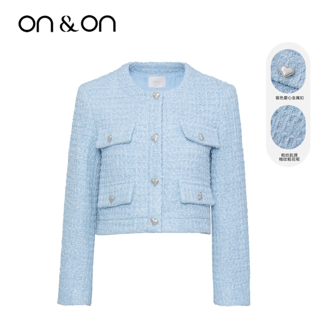 ON＆ON/安乃安2025冬季新款质感粗纺立体格纹爱心扣小香风短外套