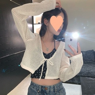 薄款 显瘦系带针织罩衫 防晒开衫 女百搭外穿领新款 潮 短款 上衣长袖