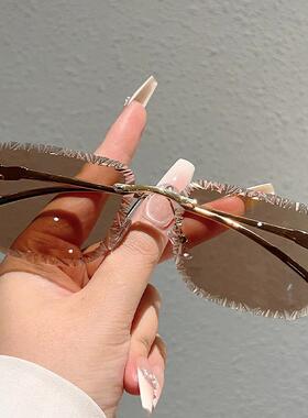 个性破碎造型镜片无边方框防晒墨镜ins风豹子头金配件太阳镜