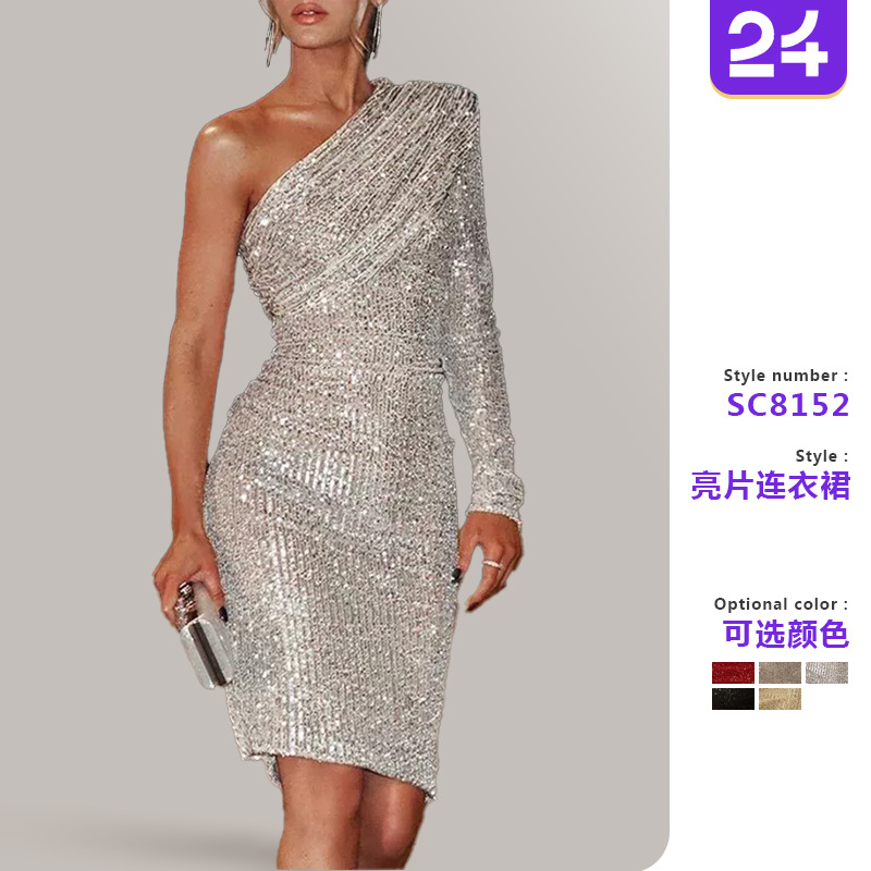 2025欧美单肩连衣裙斜领裹胸晚礼服时尚亮片夜店性感女装
