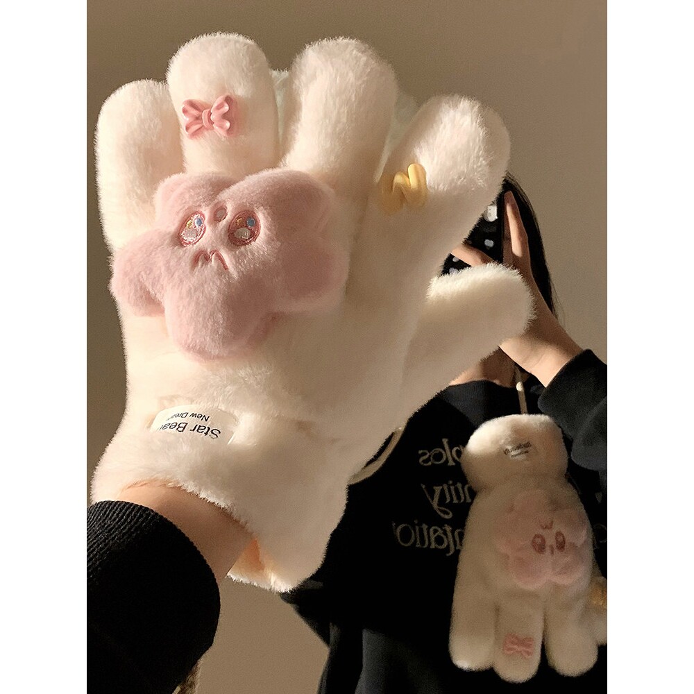 可爱星星毛绒分指手套女冬季保暖挂脖加绒加厚学生防寒冻骑行骑车
