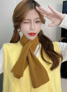 秋冬季交叉小围巾女毛毛线百搭女保暖薄纯色韩版短款针织围脖护颈