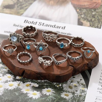 极速13pcs set rings women 复古关节戒指套装乌T龟镂空链花戒指1