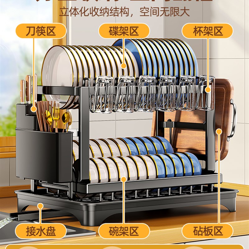 极速厨房碗碟收纳层架免打孔置物架碗盘I沥水架碗架家用多功能碗