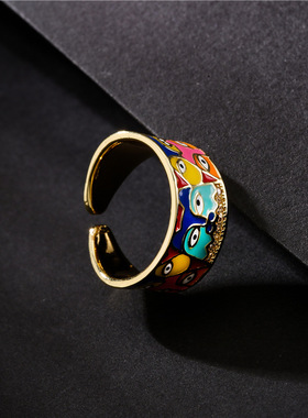 极速澳古 跨境 欧美时尚个性滴油眼睛几何开口戒指 Y铜锆石饰品女